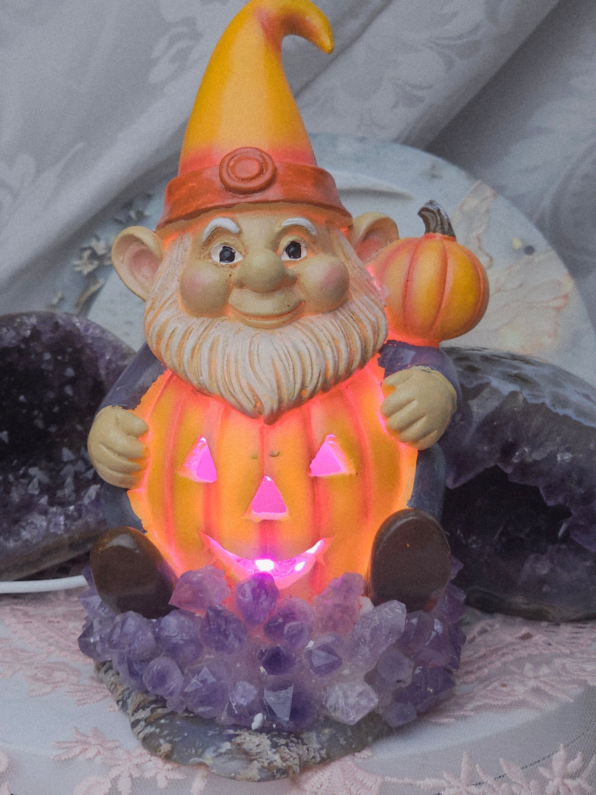 Halloween Gnome Amethyst and Agate Base Lamp, Hand Painted Decoration, Cute Halloween Decorations, Home Decor, Gnome