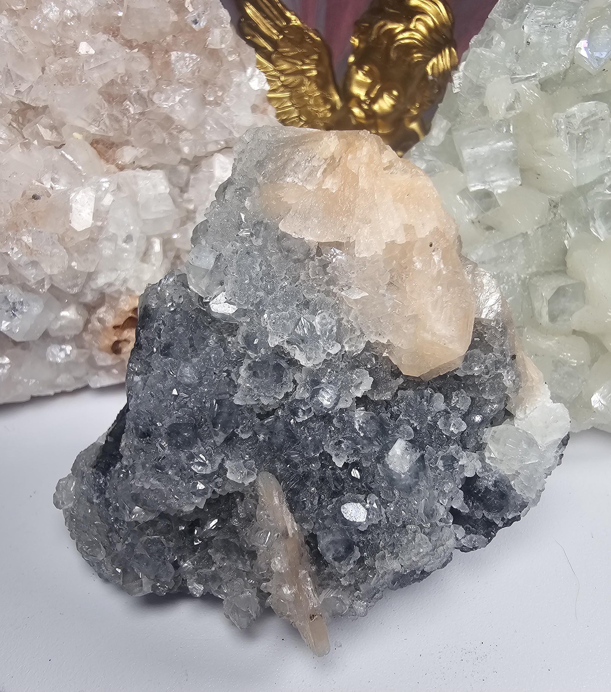 RARE Sugar and Diamond Apophyllite Set with Stillbite from India, Black Apophyllite, Snow White Sugar Apophyllite, Crystal, Crystal Set