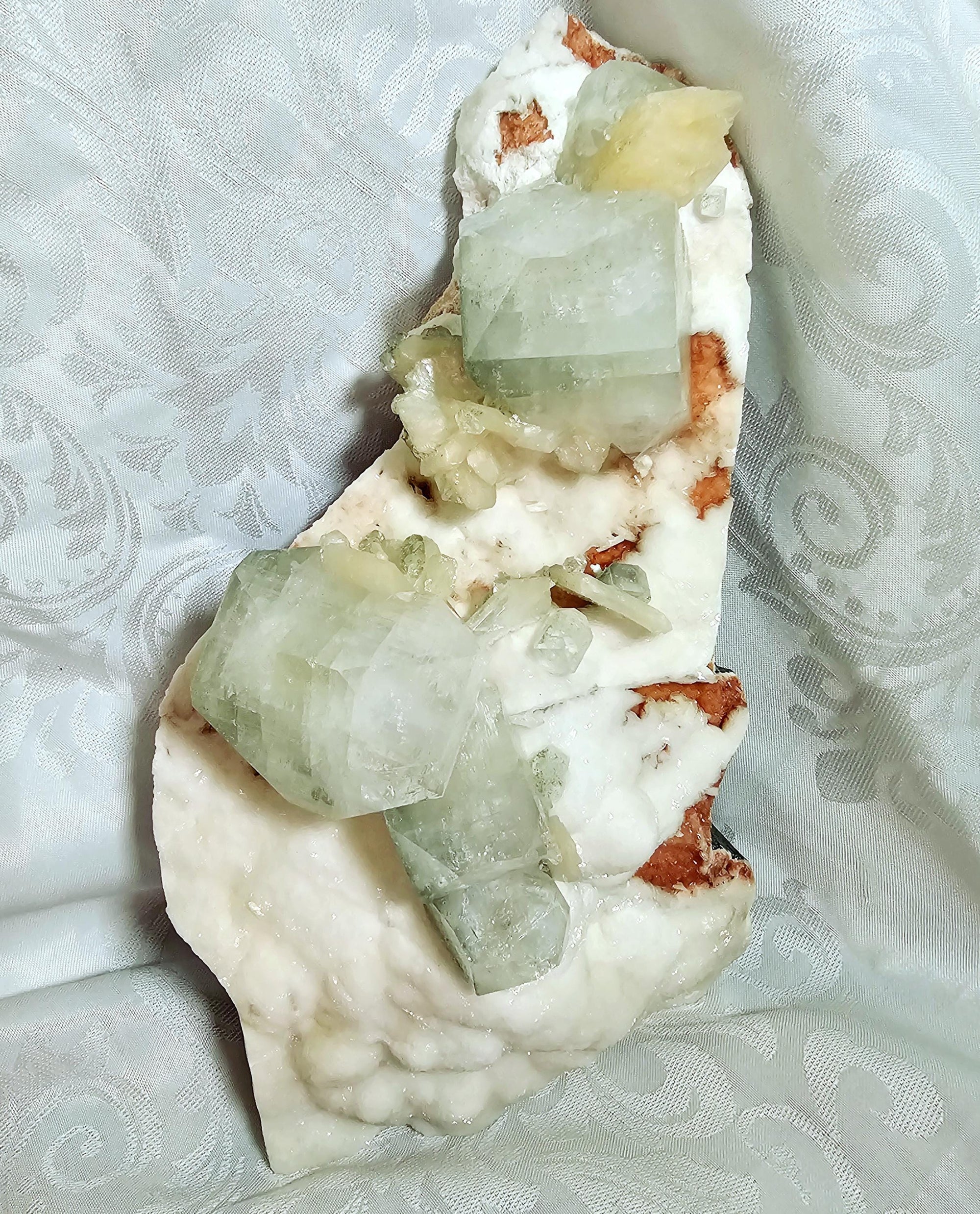 RARE LG 6lb Green  Apophyllite  with Red and White Chalcedony from India , Apophyllite, Crystal, Crystals