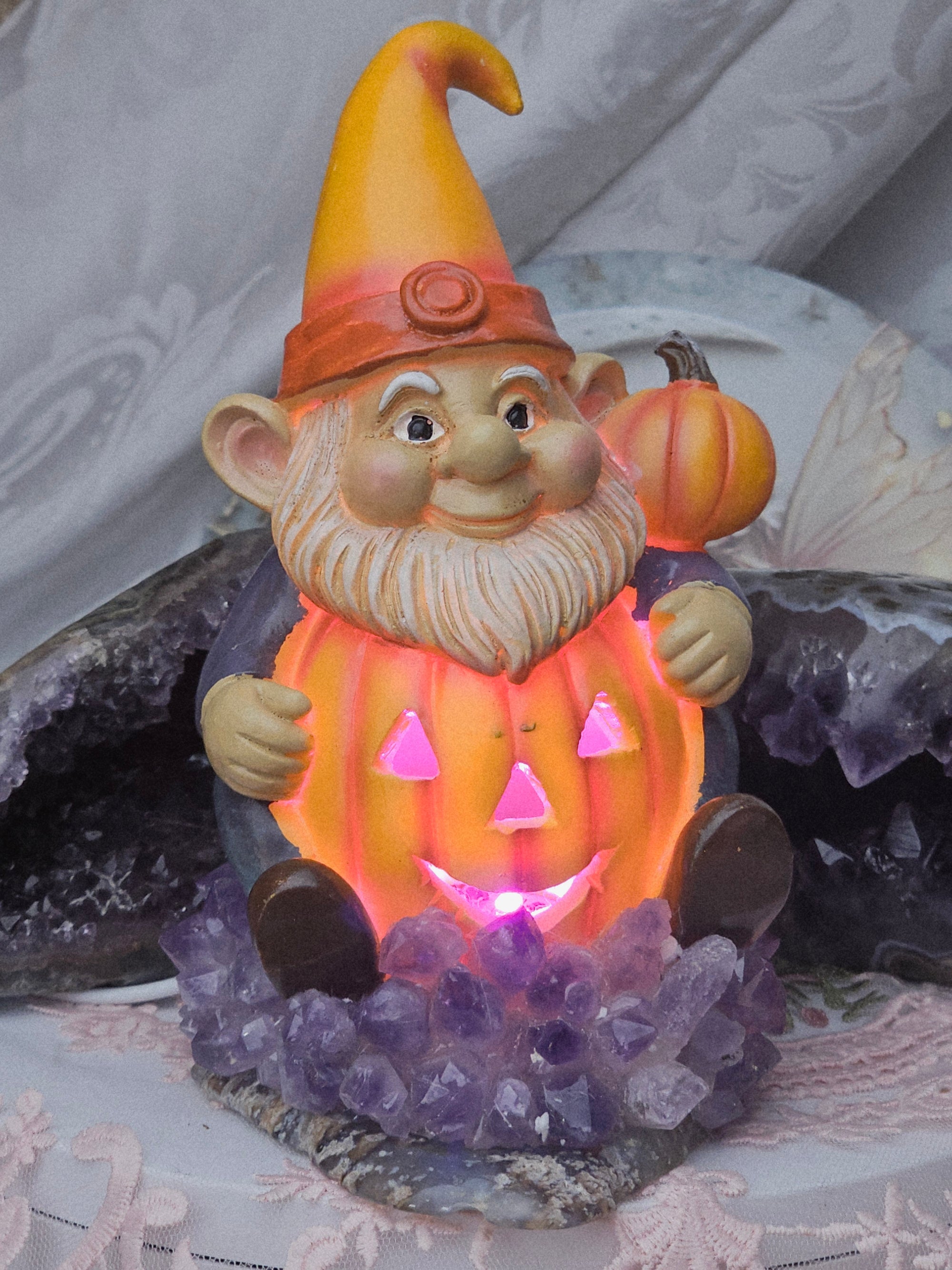Halloween Gnome Amethyst and Agate Base Lamp, Hand Painted Decoration, Cute Halloween Decorations, Home Decor, Gnome