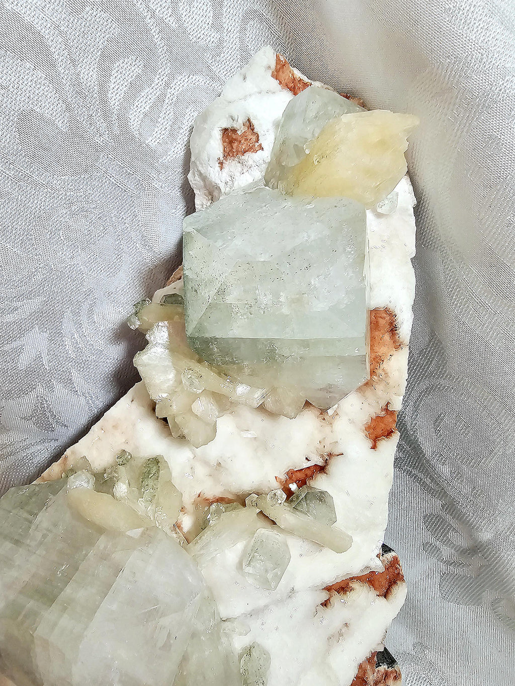 RARE LG 6lb Green  Apophyllite  with Red and White Chalcedony from India , Apophyllite, Crystal, Crystals