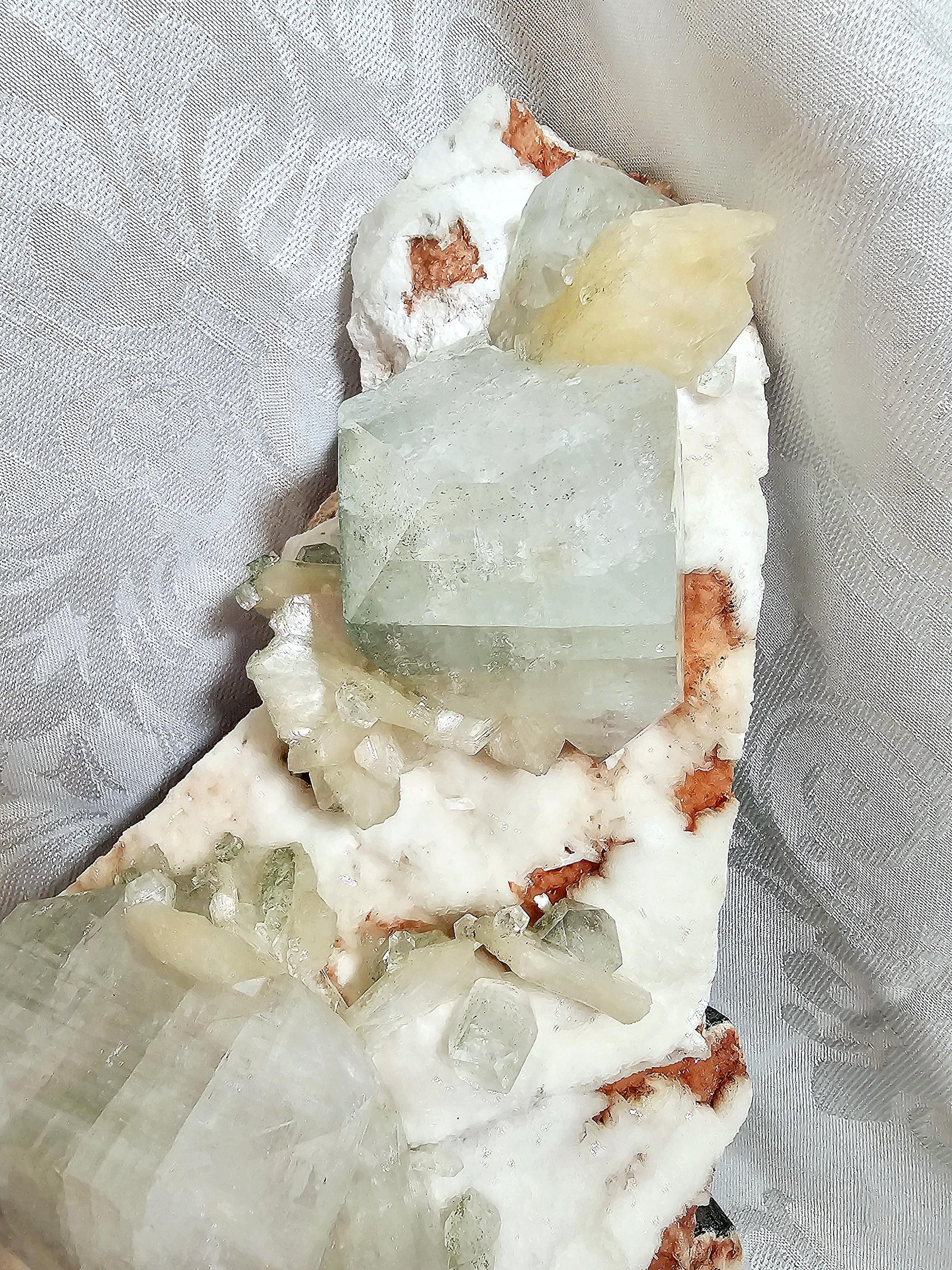 RARE LG 6lb Green  Apophyllite  with Red and White Chalcedony from India , Apophyllite, Crystal, Crystals