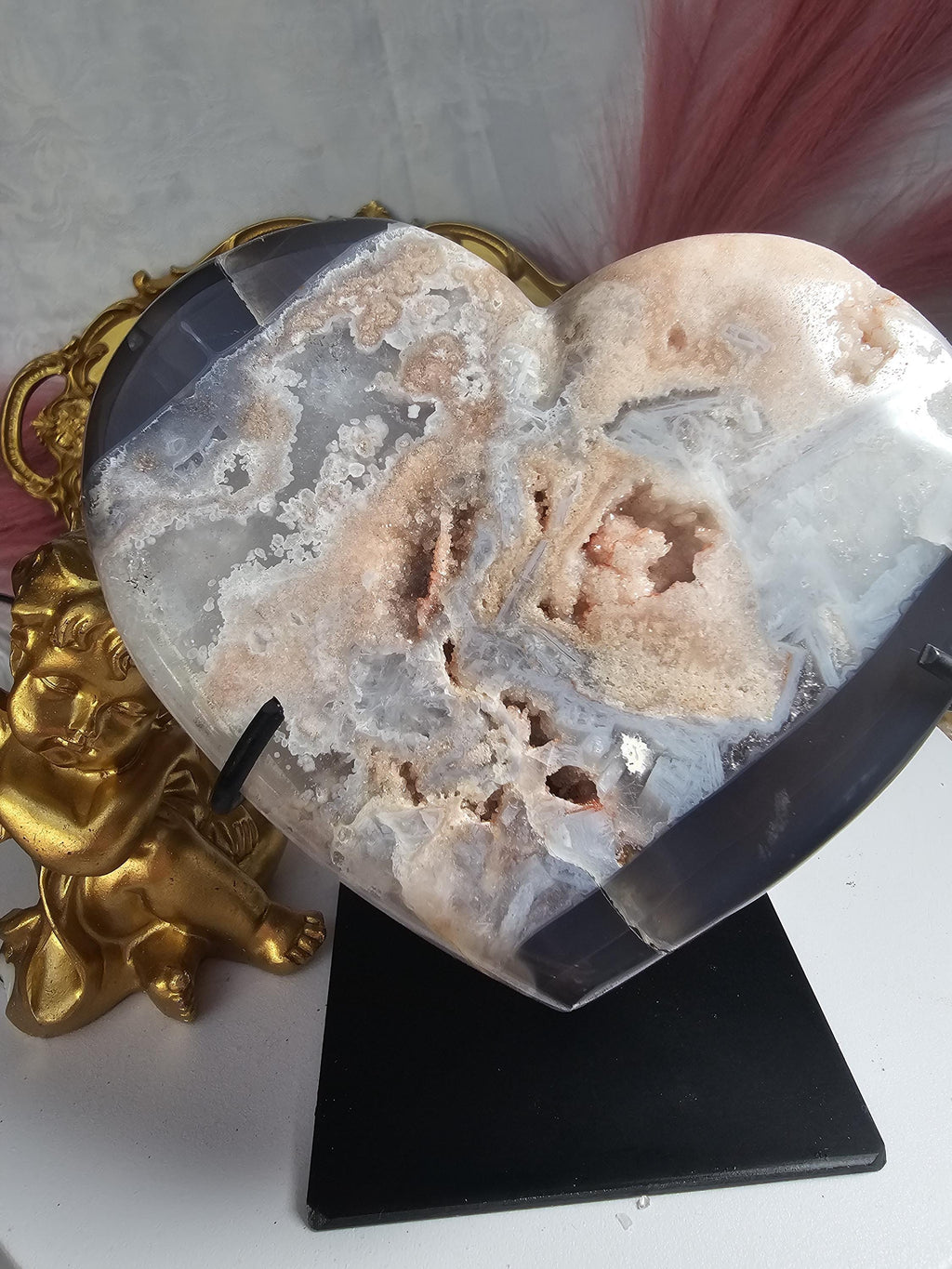 Rare Pink Amethyst with Rutile and Druzy , Druzy Moon, Crystal Moon,Gift