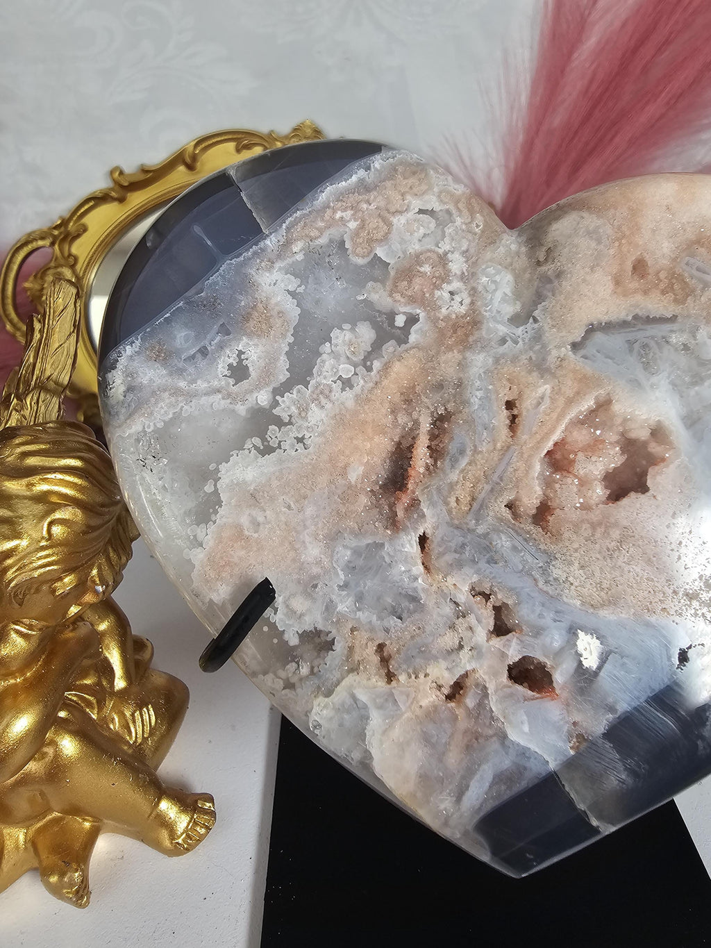 Rare Pink Amethyst with Rutile and Druzy , Druzy Moon, Crystal Moon,Gift