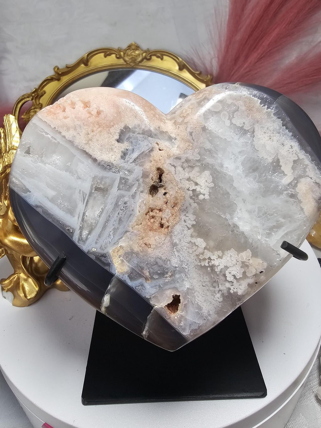 Rare Pink Amethyst with Rutile and Druzy , Druzy Moon, Crystal Moon,Gift